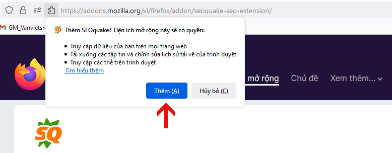 Click để thêm SEOquake vào Firefox