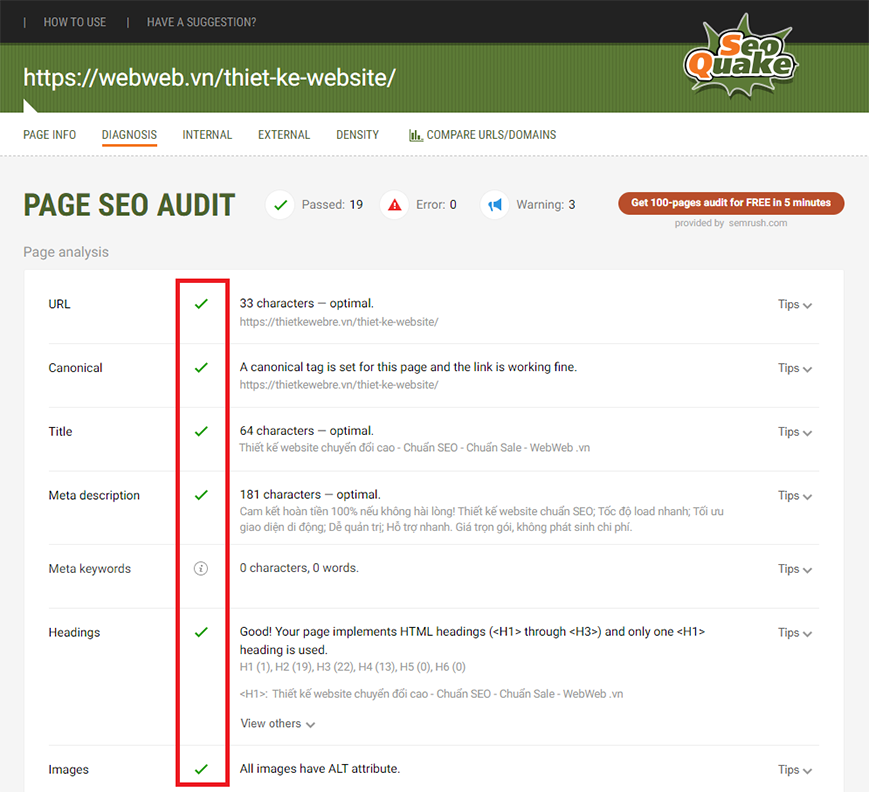 Kiểm tra web chuẩn SEO bằng SEOquake